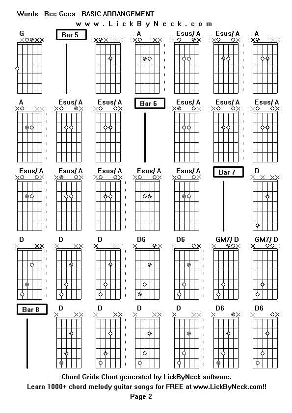 Chord Grids Chart of chord melody fingerstyle guitar song-Words - Bee Gees - BASIC ARRANGEMENT,generated by LickByNeck software.